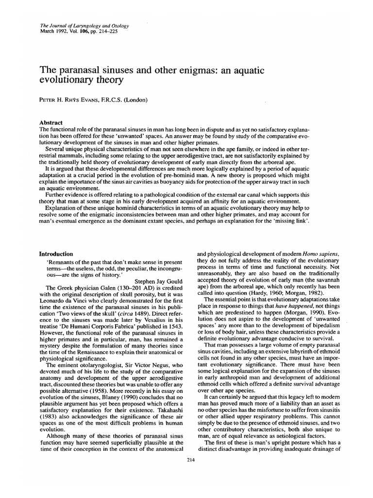 The Paranasal Sinuses and Other Enigmas An Aquatic Evolutionary