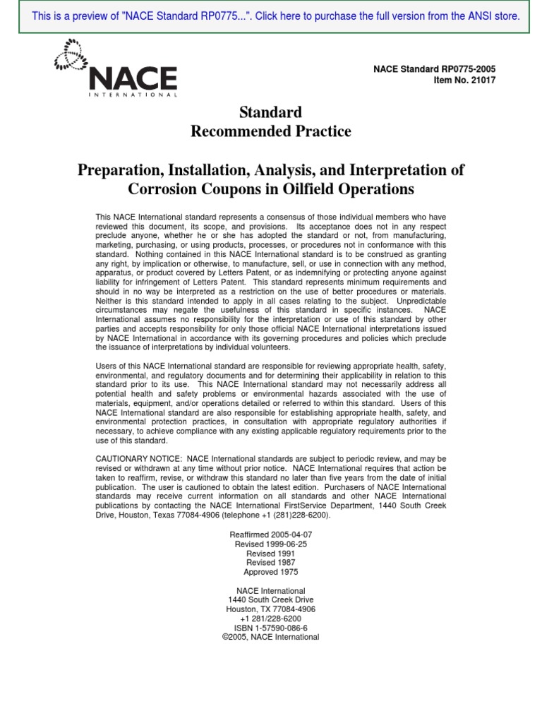 Preview NACE+Standard+RP0775-2005 | PDF | Corrosion | Physical Sciences