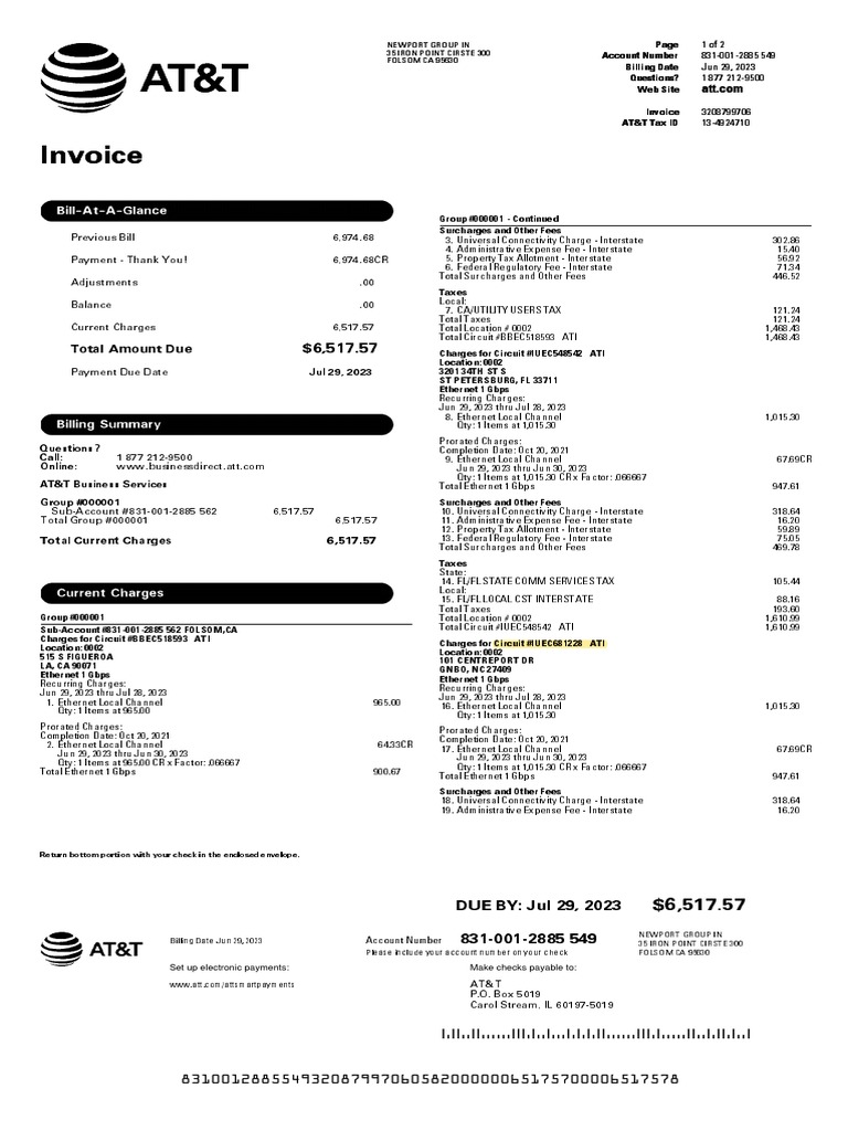 AT&T Business Invoice Summary | PDF | Fee | At&T