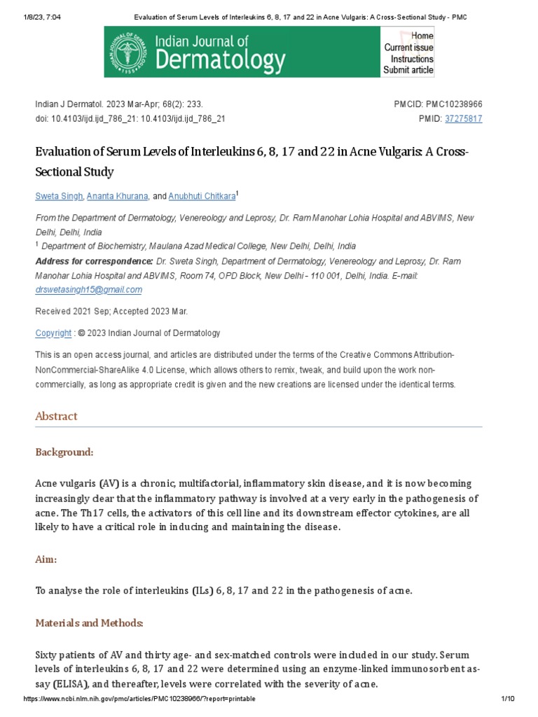 Evaluation of Serum Levels of Interleukins 6, 8, 17 and 22 in Acne ...