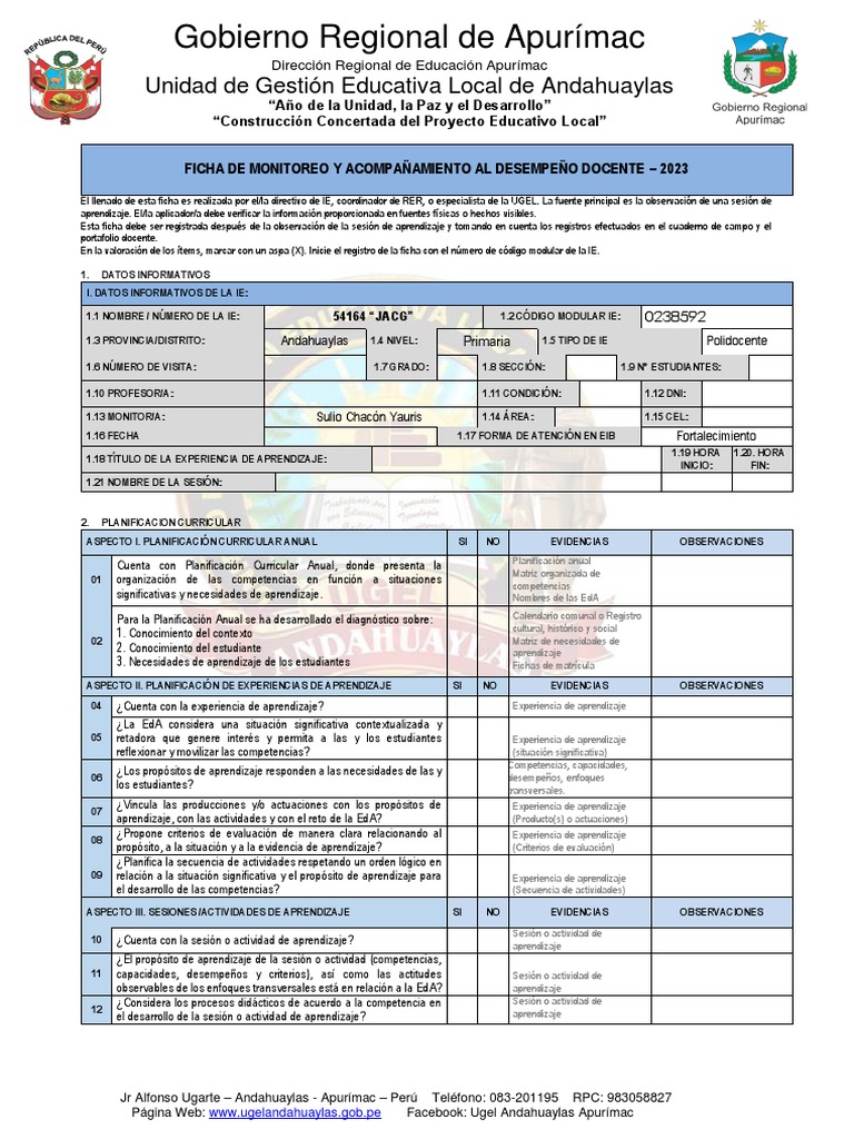 Ficha de Monitoreo Al Desempeño Docente 2023 | PDF