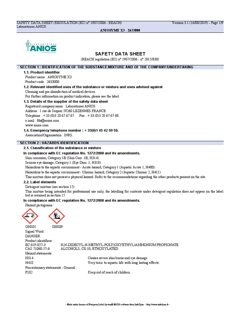 MSDS Aniosyme X3, PDF, Dangerous Goods