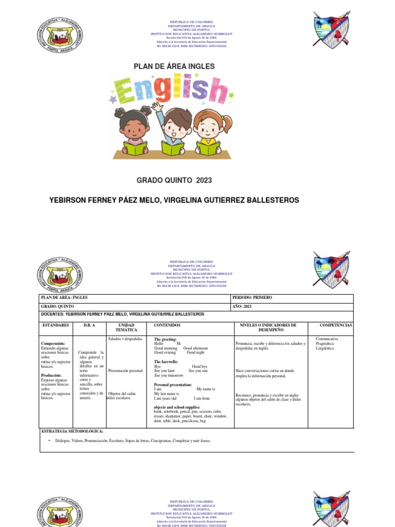 Plan de Area Ingles 5° 2023 | PDF | Comunicación humana | Lingüística