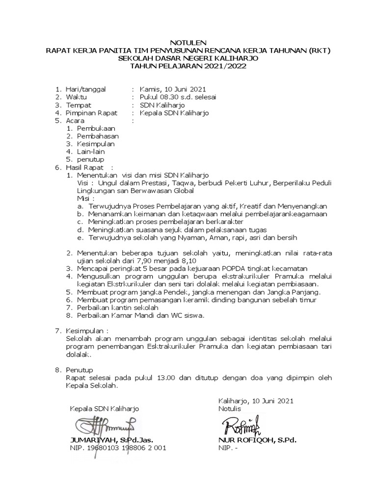 Notulen Rapat Penyusunan RKT SDN Kaliharjo | PDF