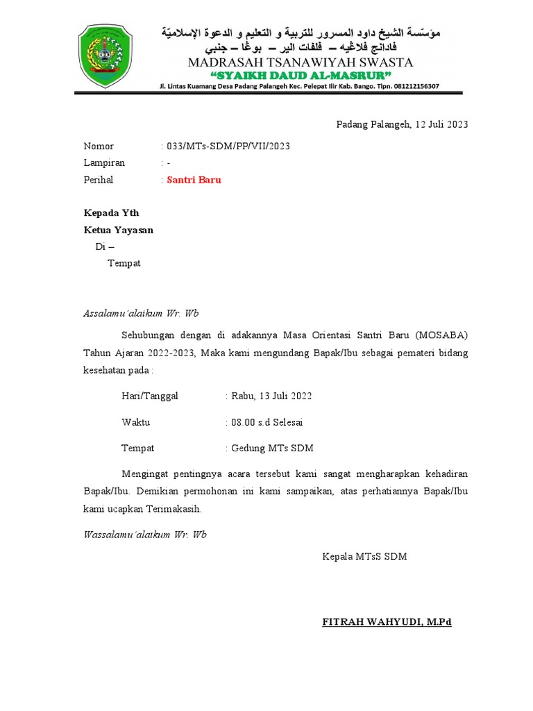 Surat Undangan Ketua Yayasan | PDF