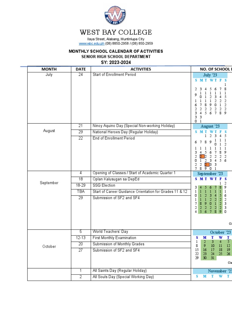 School Calendar Activities For SY 2023 2024 PDF Festival Holidays
