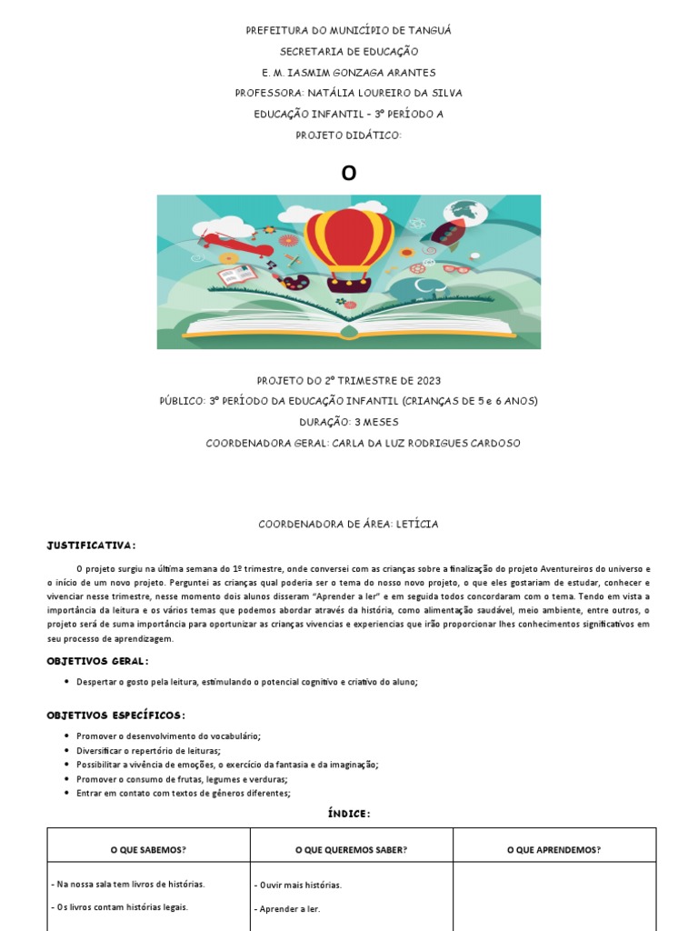 Projeto O Fantástico Mundo Da Leitura Pdf Aprendizado Pré Escola