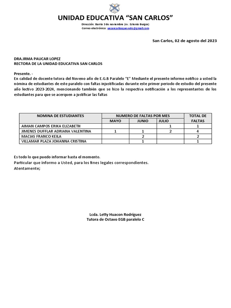 Informe de Inasistencias de Estudiantes | PDF