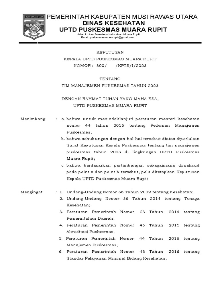 SK TIM Manajemen Puskesmas Muara Rupit 8123 | PDF