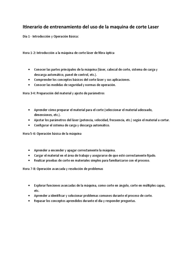 Itinerario De Entrenamiento Del Uso De La Maquina De Corte Laser Pdf