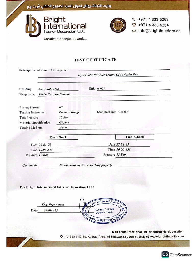 Fire Fighting Pressure Test Report | PDF