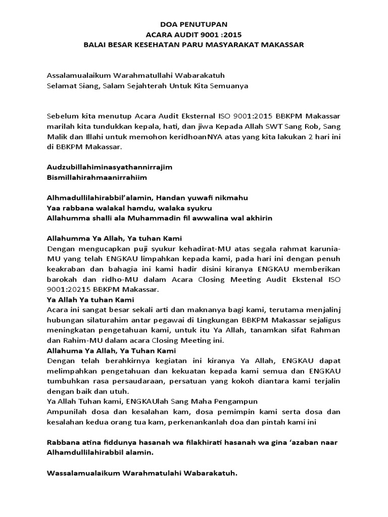 Doa Penutupan Audit ISO 9001:2015 | PDF | Memasak, Makanan, & Anggur