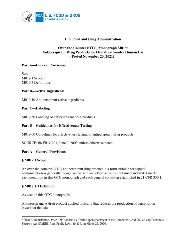 USFDA OTC Monograph M019Antiperspirant Drug Products For OTC Human