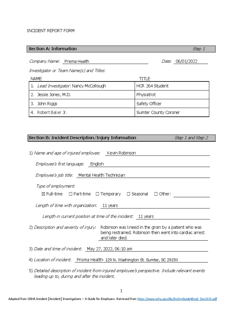 Prisma Health Incident Report Summary | PDF | Occupational Safety And ...