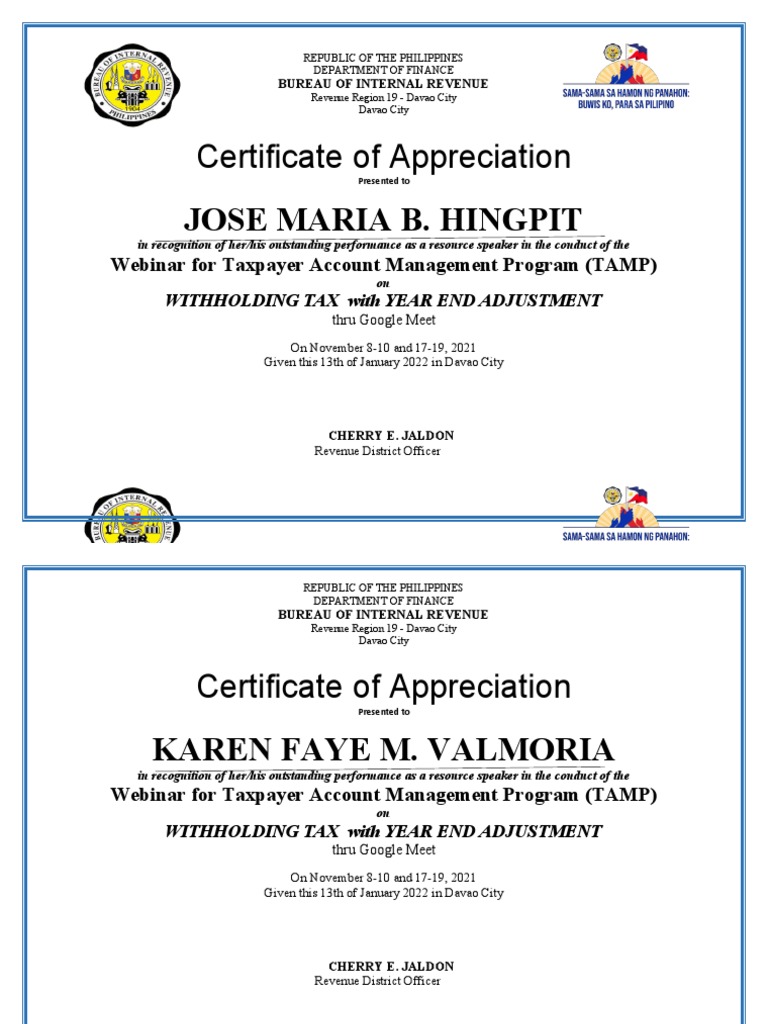 Withholding Webinar Certificates 2019 | PDF | Internal Revenue Service ...