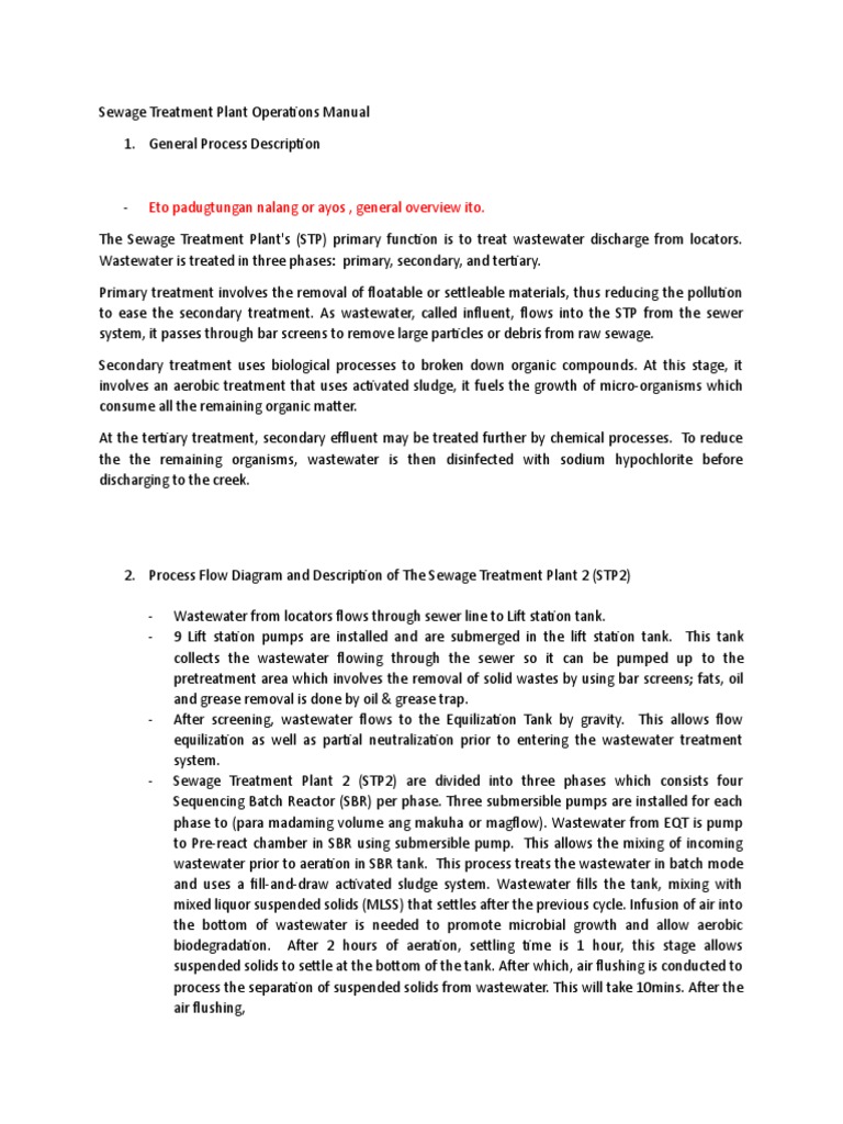 Sewage Treatment Plant Operations Manual | PDF | Sewage Treatment ...