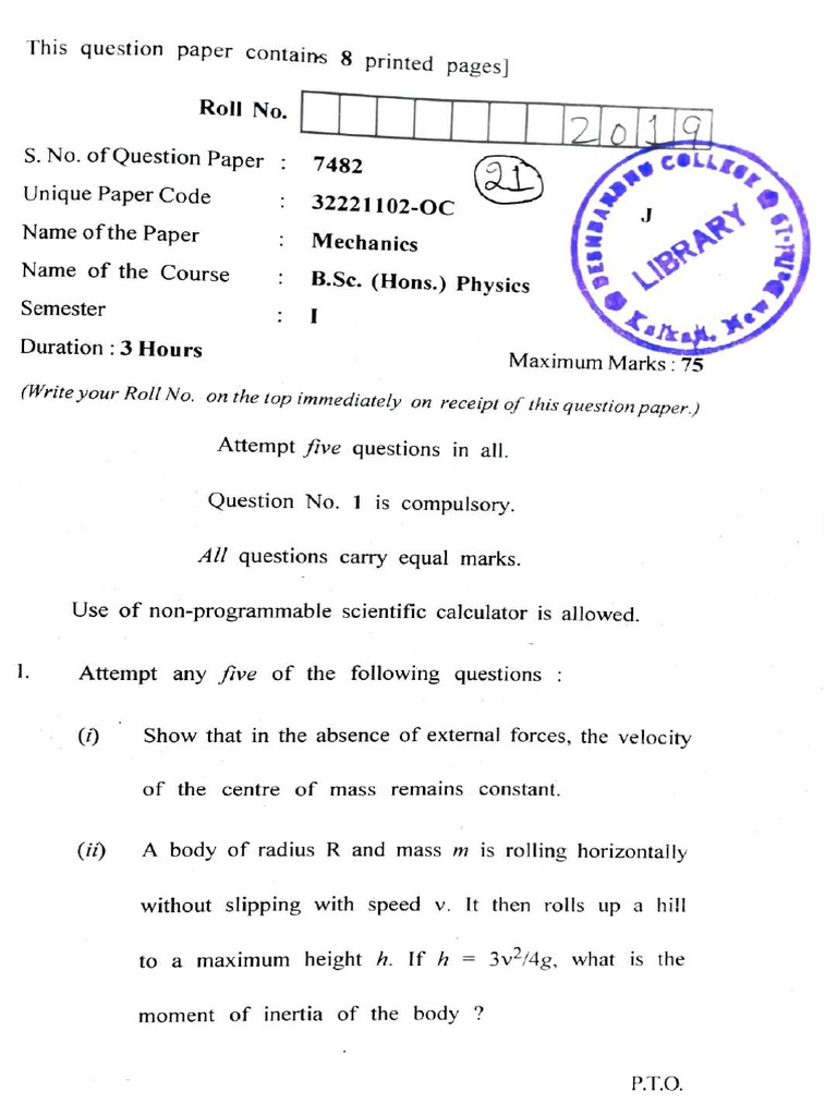 B.Sc. Physics Semester 1 Mechanics Exam | PDF | Rotation Around A Fixed ...