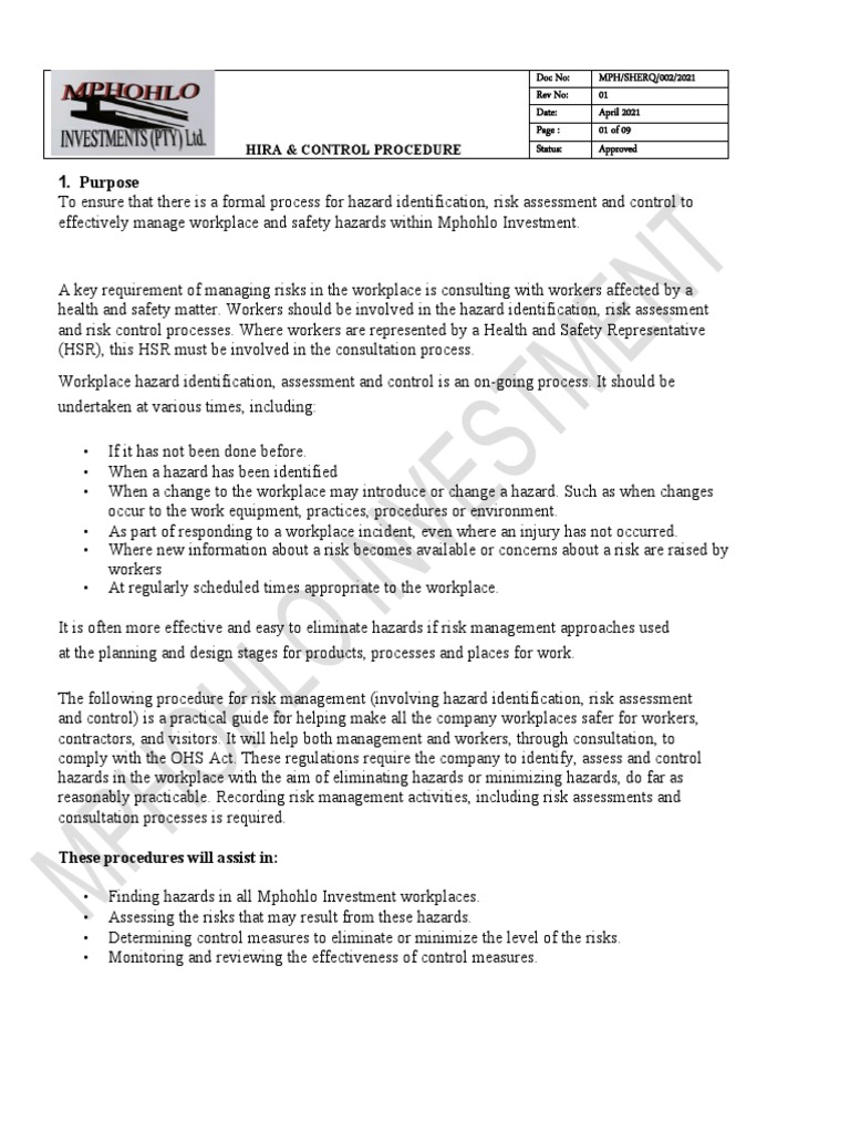 HIRA and Control Procedure Guide | PDF | Risk | Hazards