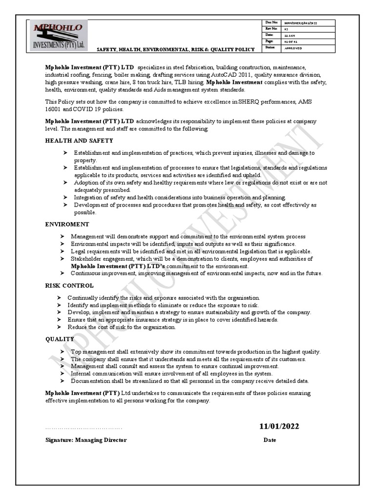SHERQ Policy for Mphohlo Investment | PDF | Safety | Occupational ...