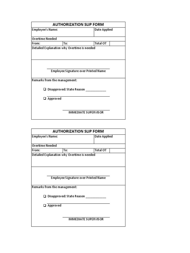 Overtime Authorization Slip Form | PDF | Finance & Money Management
