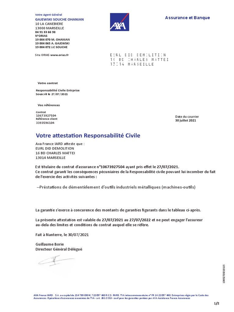 Attestation De Responsabilit Civile 2021 PDF