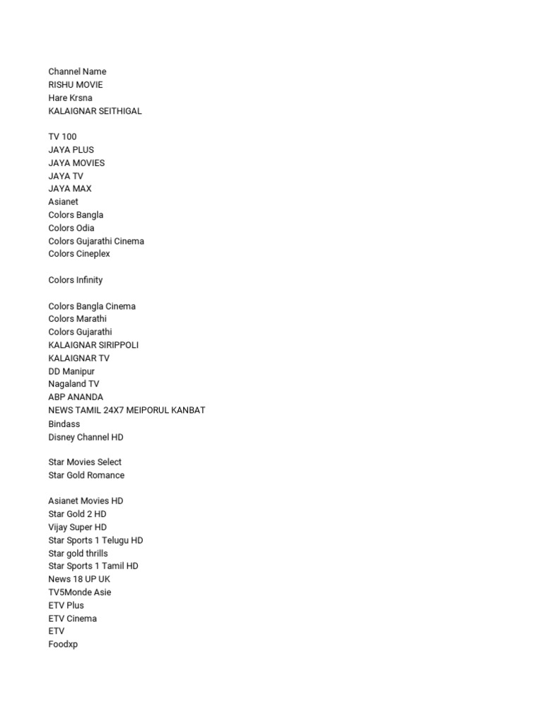 Comprehensive TV Channel List | PDF | Broadcasting | Television