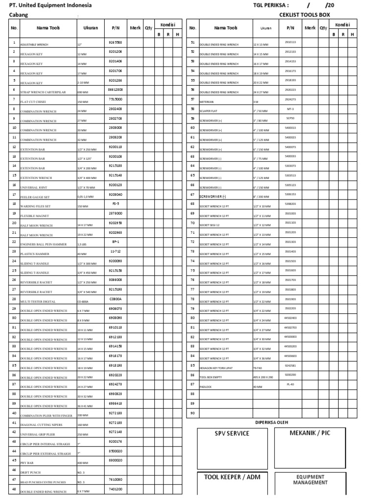Check List Tools | Download Free PDF | Tools | Equipment