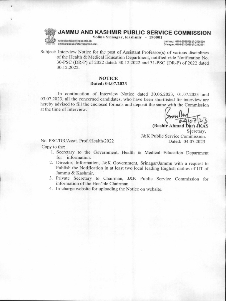 Formats for submission of documents at the time of interview for the
