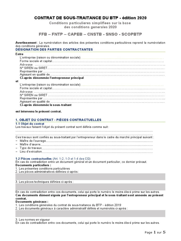 Contrat Sous Traitance Conditions Paticulieres Simplifiees 2020 | PDF ...