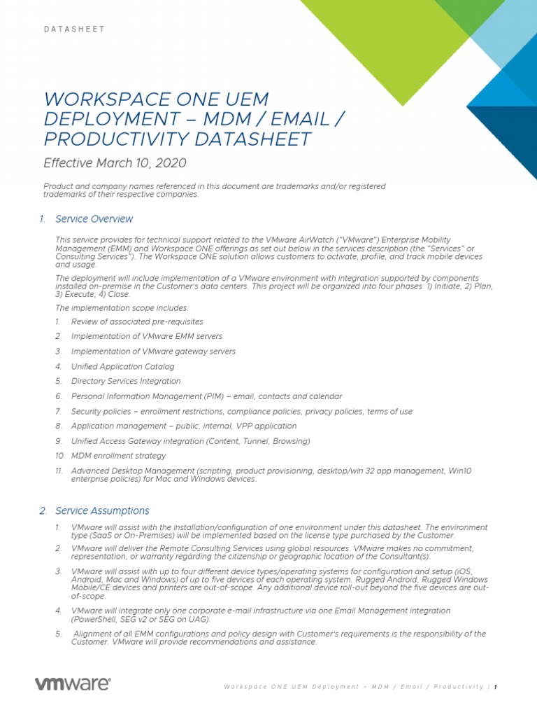 Workspace ONE UEM Deployment - MDM Email Productivity Datasheet | PDF