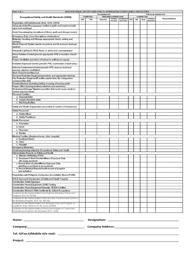OSH Compliance Checklist Form NEW PDF