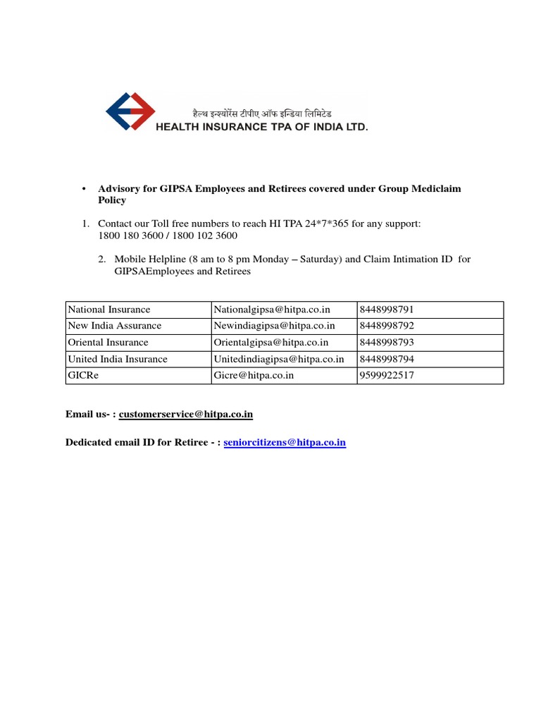 Advisory GIPSA Employees and Retirees Covered Under Group Mediclaim