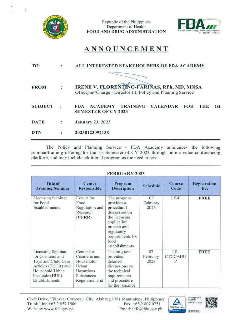 FDA ACADEMY TRAINING CALENDAR FOR THE 1st SEMESTER OF CY 2023 PDF