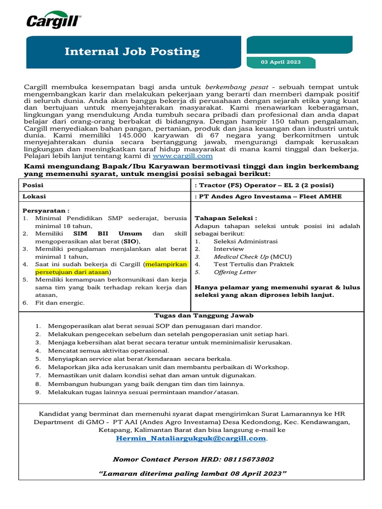 Internal Job Posting - Tractor Operator | PDF | Karier & Perkembangan ...
