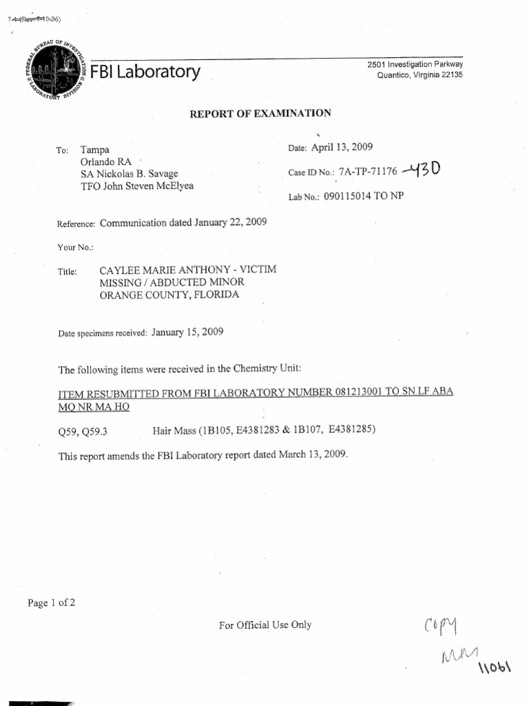 Casey Anthony - FBI Toxicology Report | PDF