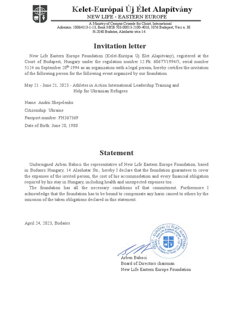 Invitation letter to Hungary - Shepelenko | PDF