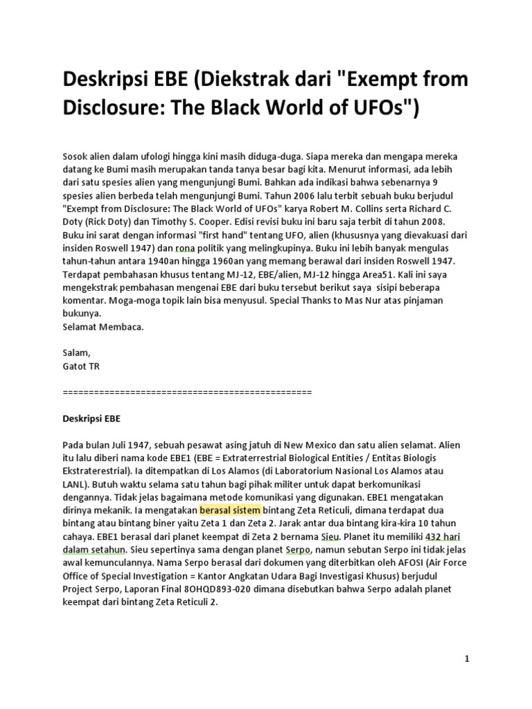 Deskripsi EBE (Dari Exempt From Disclosure, The Black World of UFOs) | PDF