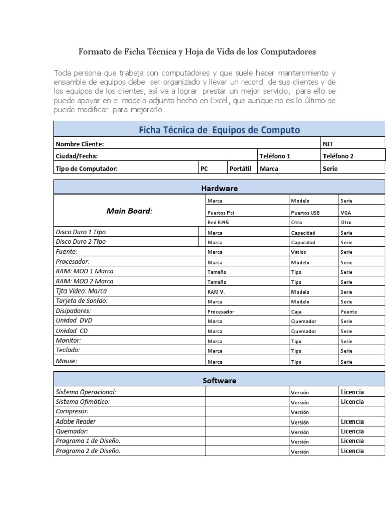 Formato de Ficha Técnica y Hoja de Vida de los Computadores