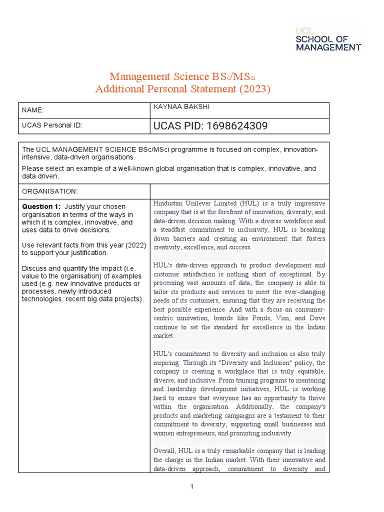 ucl management science additional personal statement