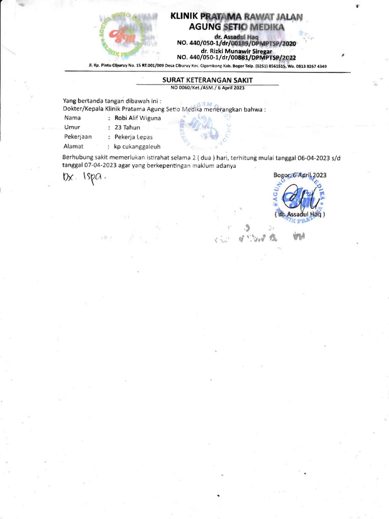 Surat Keterangan Sakit Robi Alif | PDF