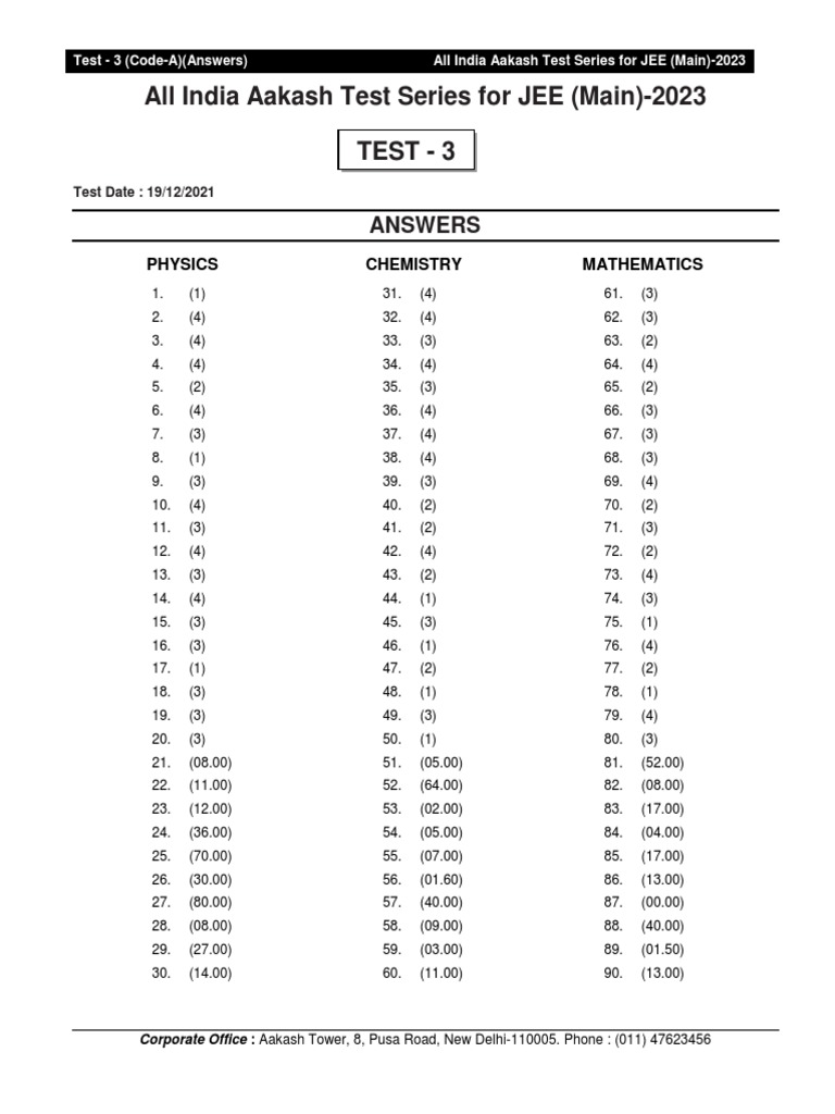 JEE Main 2023 Test 3 Answers & Solutions | PDF | Metrology | Chemistry