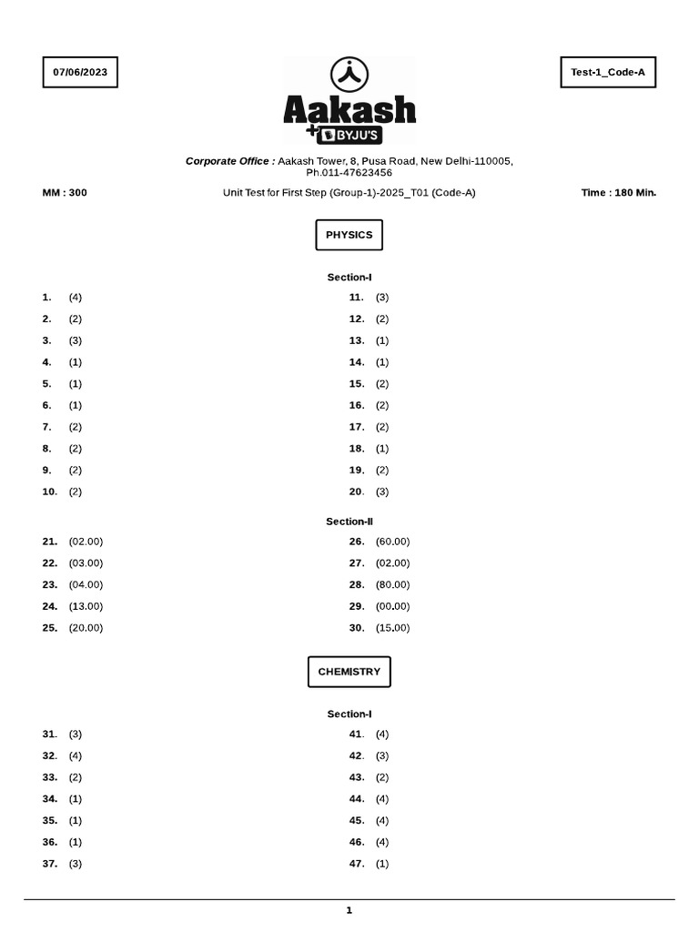 UnitTestforFirstStep(Group1)2025_T01(CodeA)_07062023_Sol. PDF