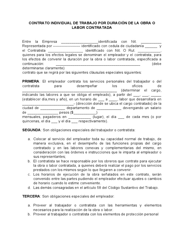 Contrato de Trabajo por Obra Específica | PDF | Derecho laboral | Salario