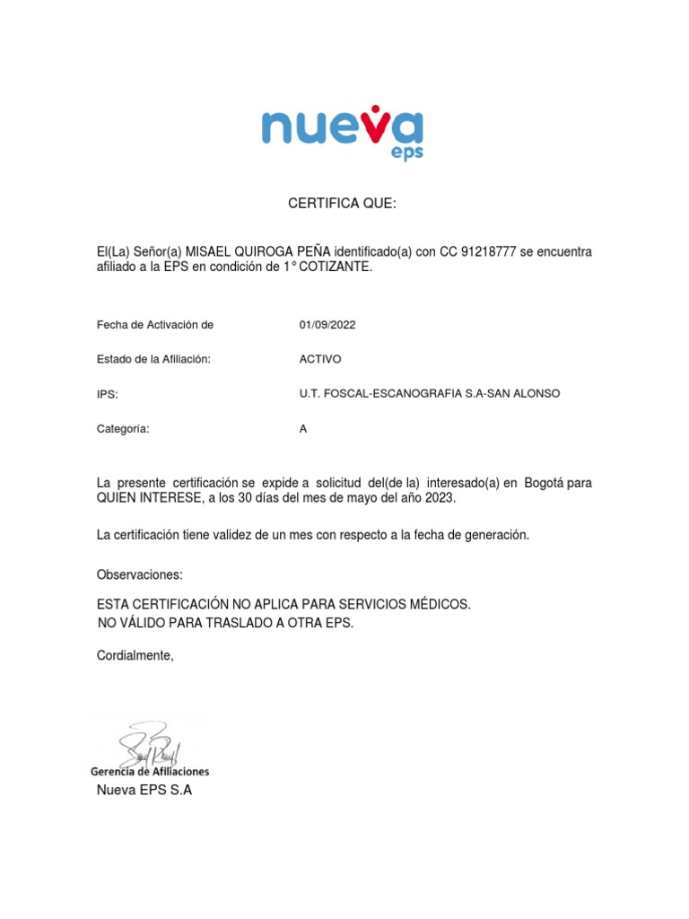 Certificado de Nueva Eps | PDF | Finanzas y dinero