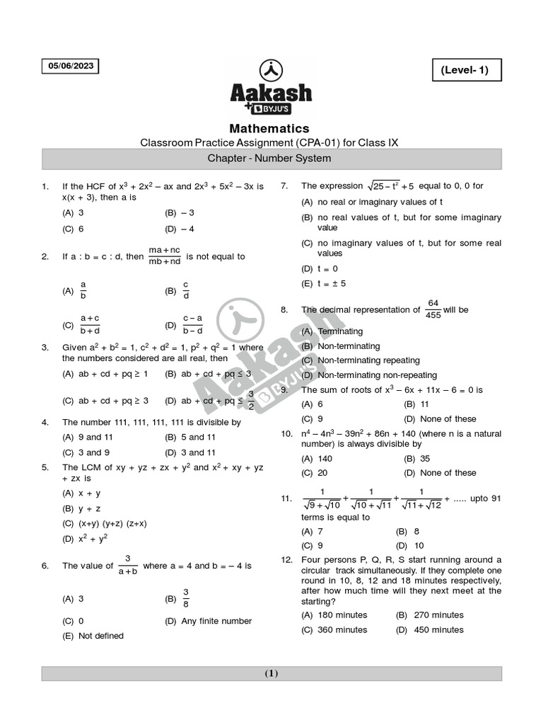 Math 9X CPA01 For FDN (Number System) (Level 1+2+3) PDF