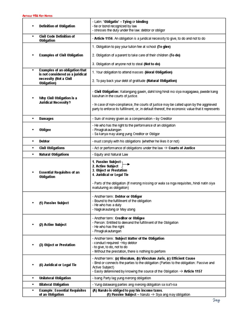 Article 1156 key notes pdf damages debt