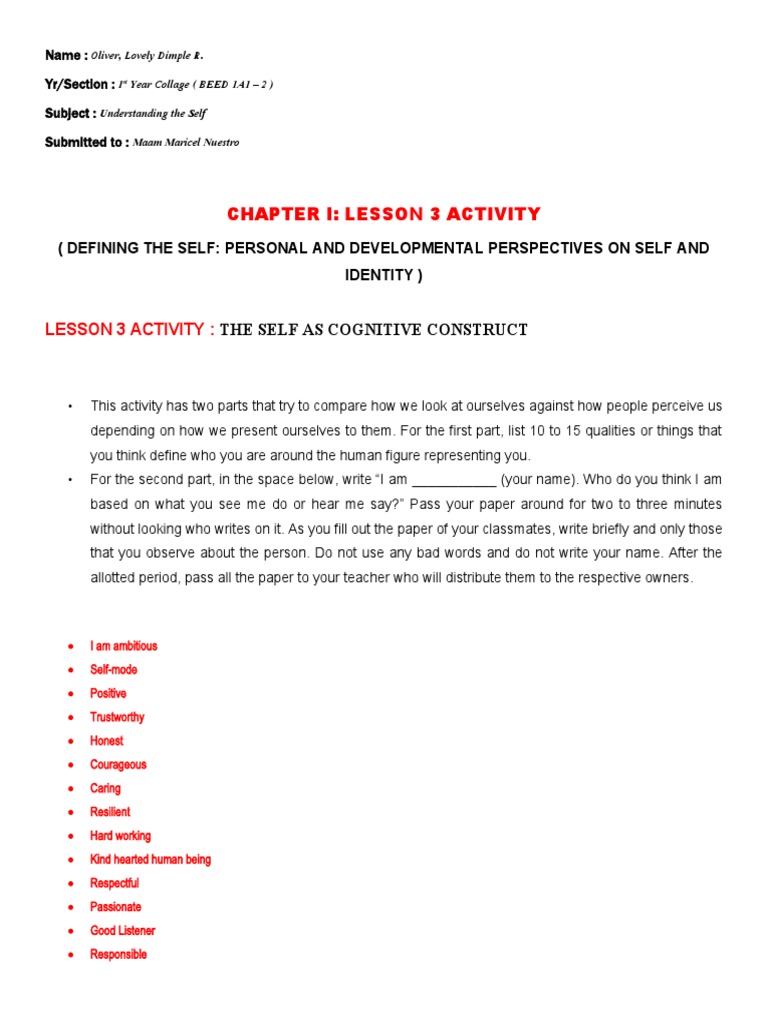 Chapter I - (Lesson 3 & 4 - Activity) | PDF | Self | Self Concept
