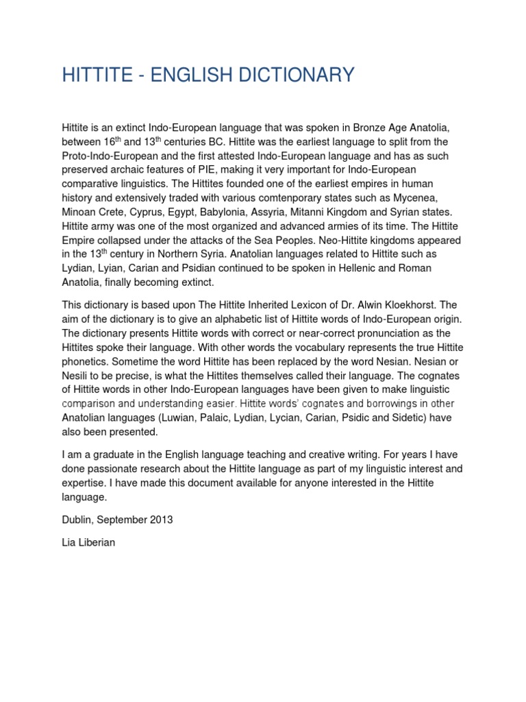 Hittite-English Lexicon Guide | PDF | Hittites | Linguistics