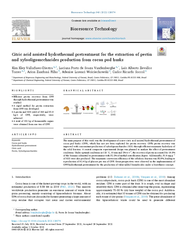 Citric Acid Assisted Hydrothermal Pretreatment For The Extraction of