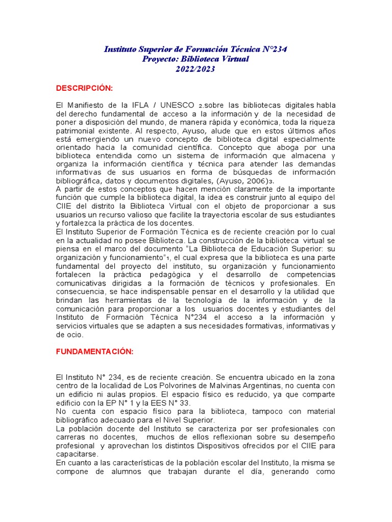 Proyecto Biblioteca Virtual ISFT N°234 - 2023 | PDF | Libreria digital ...